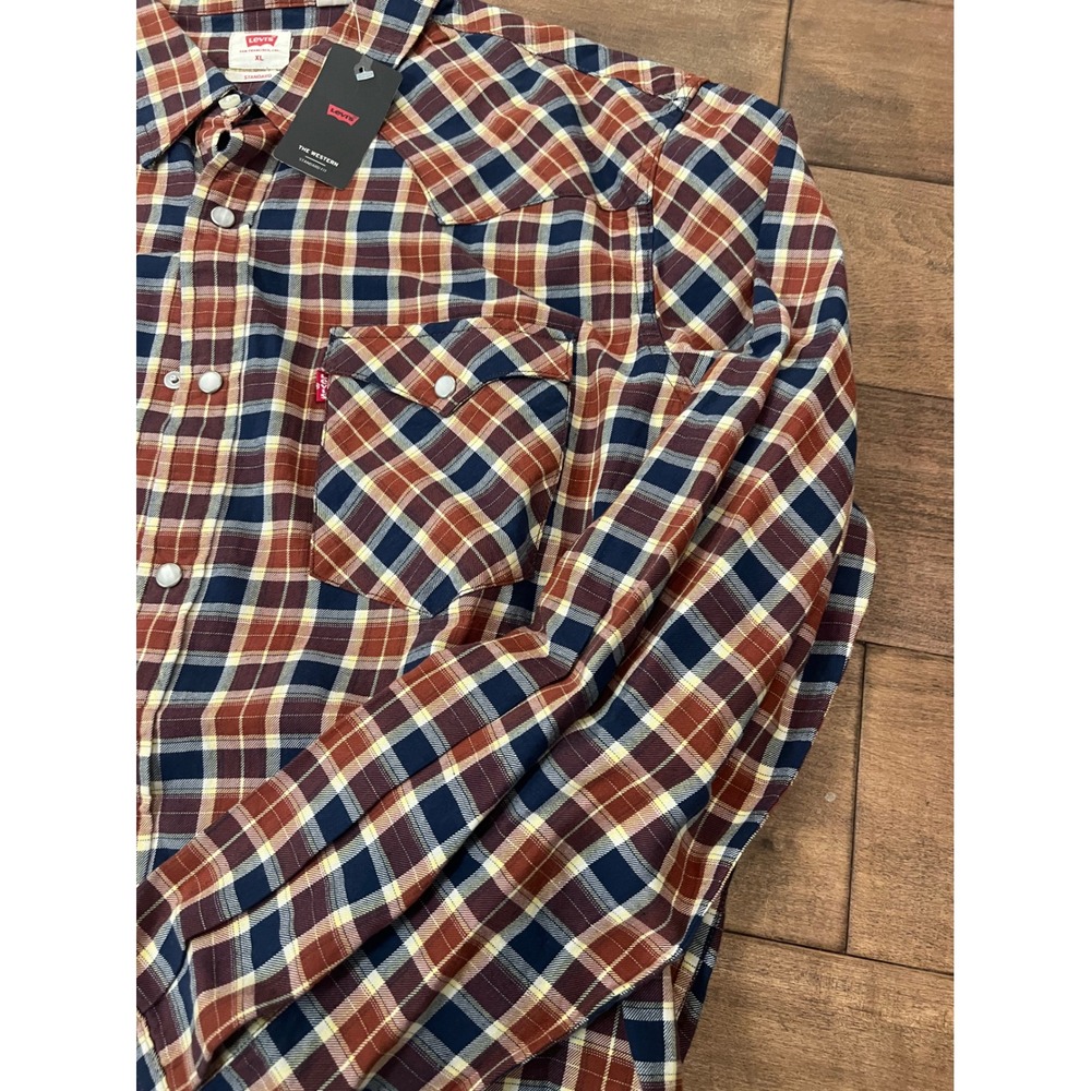 Levis Mens The Western Standard Fit Plaid Snap Button Shirt XL Burgundy Navy - Picture 5 of 7